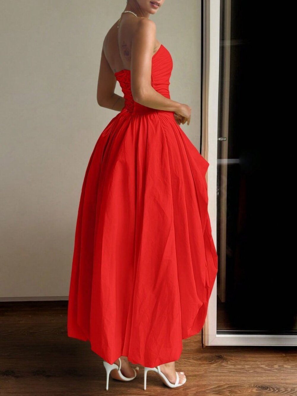 Red Elegant Women's Strapless Maxi Dress with Asymmetric Slit and Back Tie - Picture 2 of 9